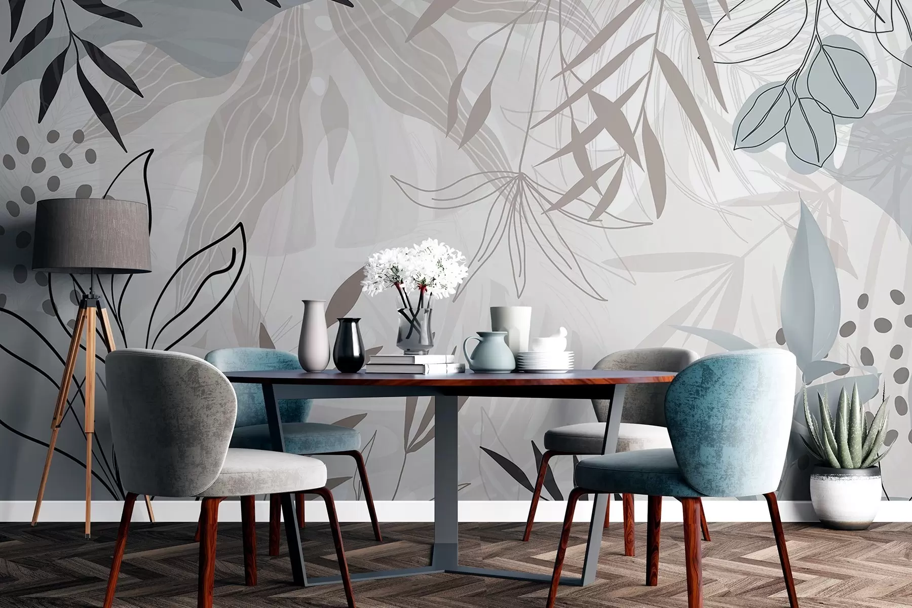 wall murals Abstract floral modern design with pastel beige, gray, blue and black leaves, delicate line art and soft background  w09105