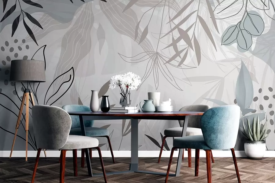wall murals Abstract floral modern design with pastel beige, gray, blue and black leaves, delicate line art and soft background  w09105