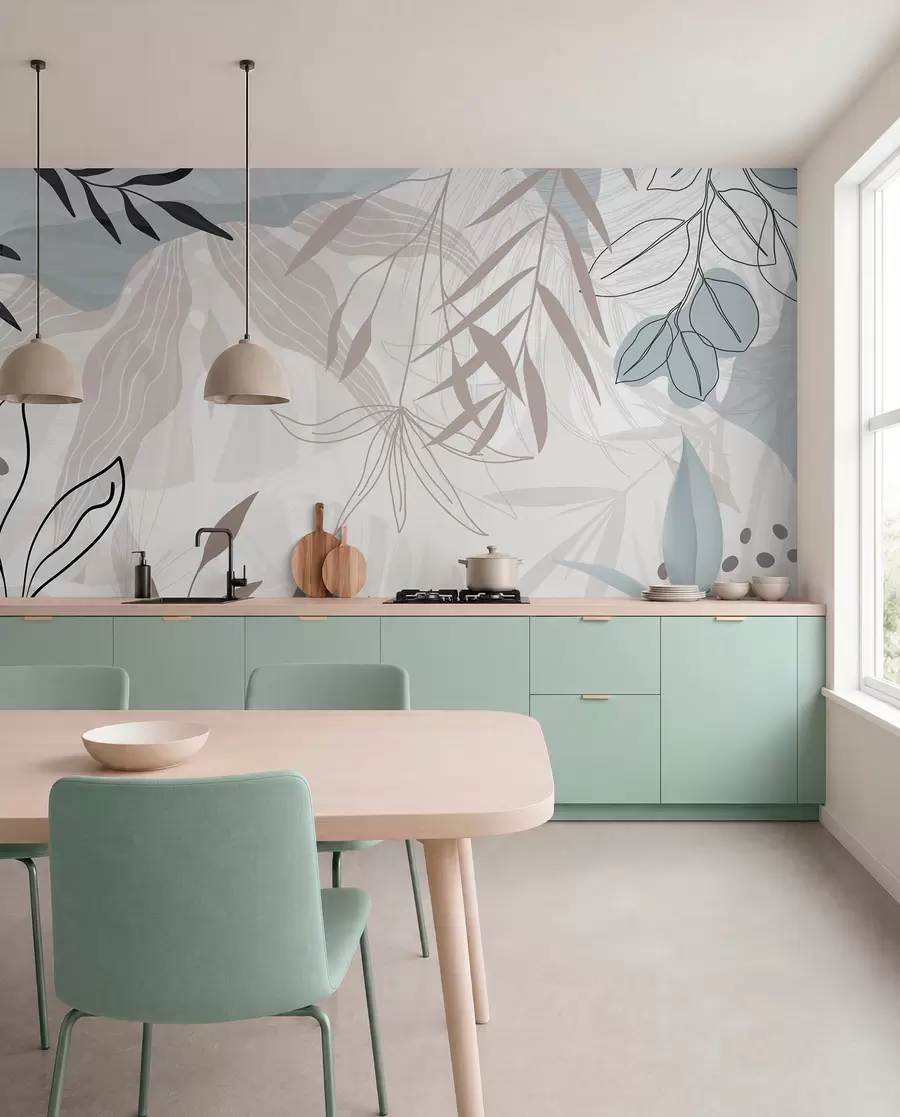 wall murals Abstract floral modern design with pastel beige, gray, blue and black leaves, delicate line art and soft background  w09105