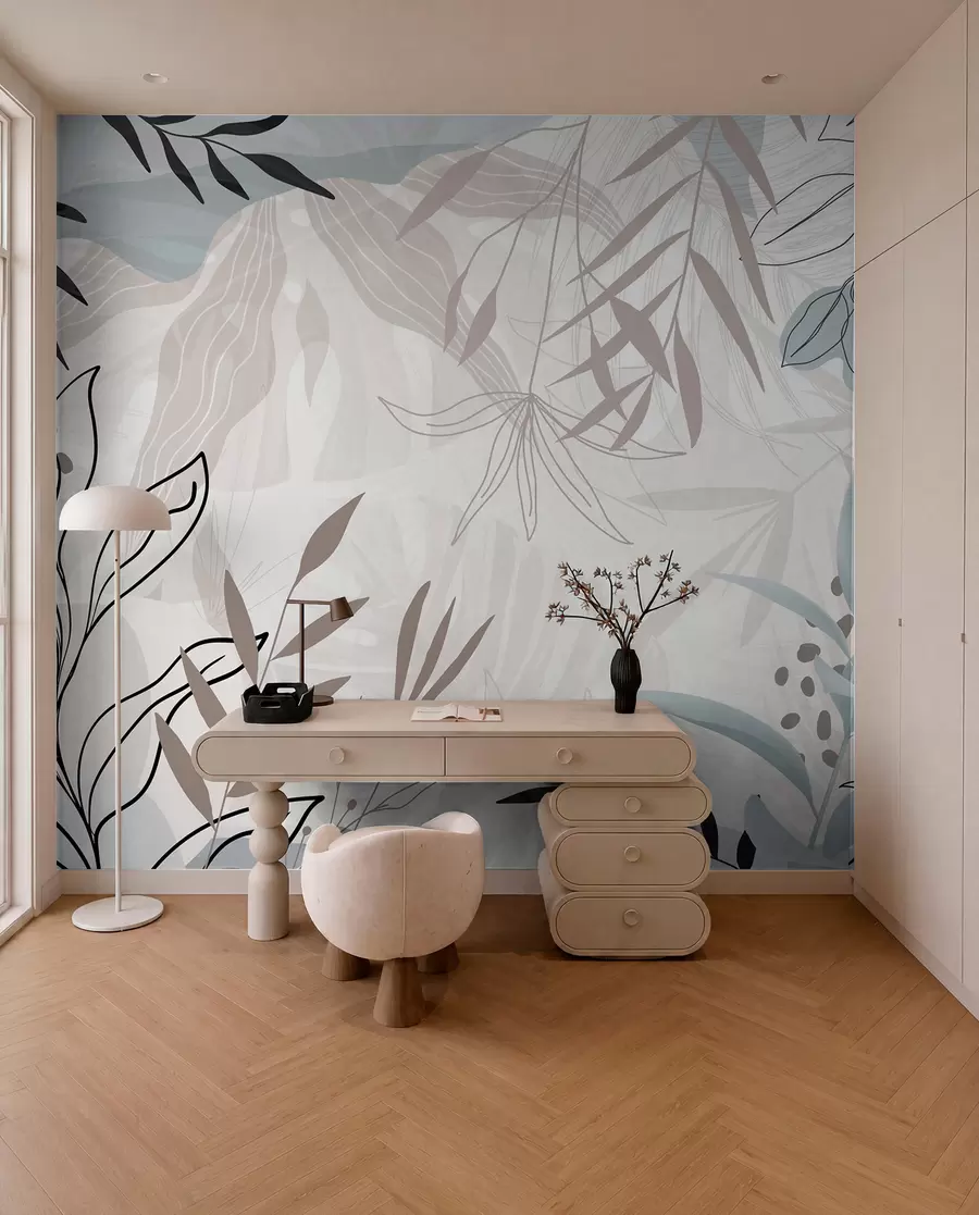 wall murals Abstract floral modern design with pastel beige, gray, blue and black leaves, delicate line art and soft background  w09105