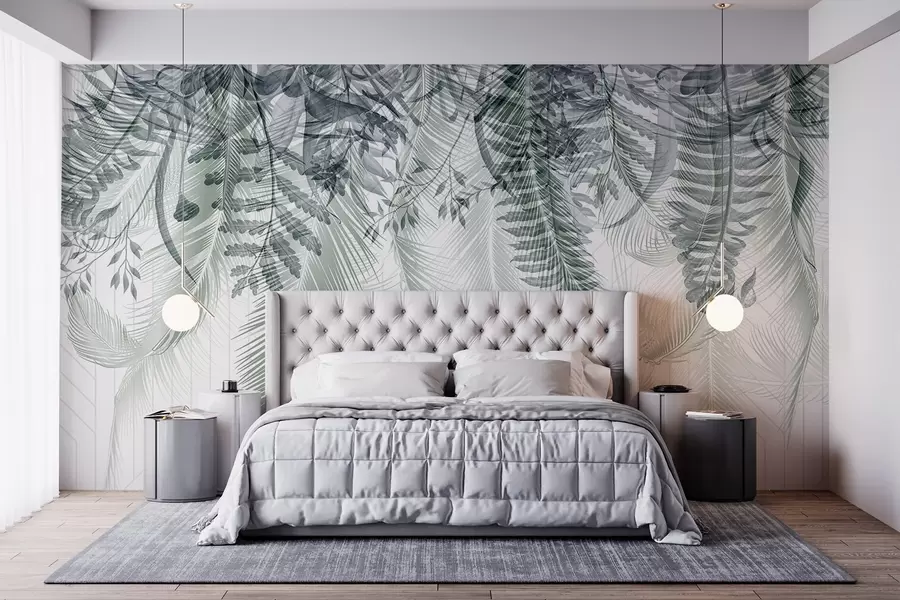 wall murals Delicate falling tropical fern and palm leaves, geometric background, soft light, muted colors, elegant  w09106