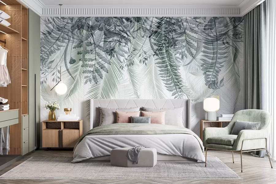 wall murals Delicate falling tropical fern and palm leaves, geometric background, soft light, muted colors, elegant  w09106