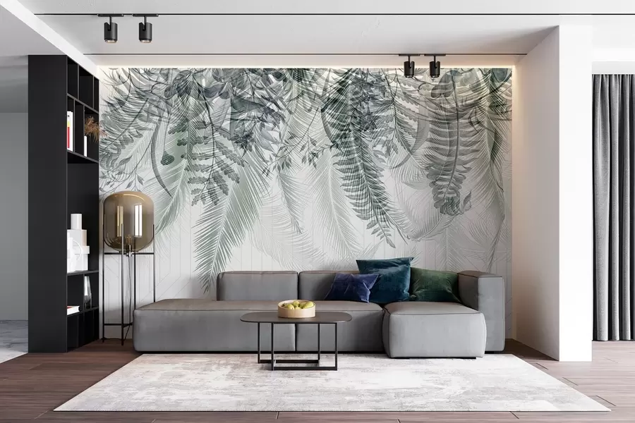 wall murals Delicate falling tropical fern and palm leaves, geometric background, soft light, muted colors, elegant  w09106