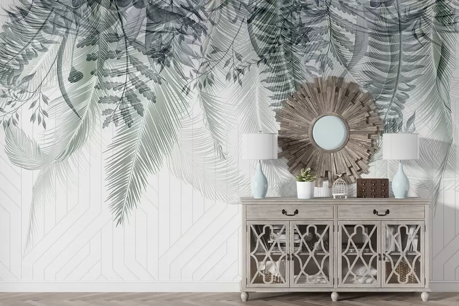 wall murals Delicate falling tropical fern and palm leaves, geometric background, soft light, muted colors, elegant  w09106