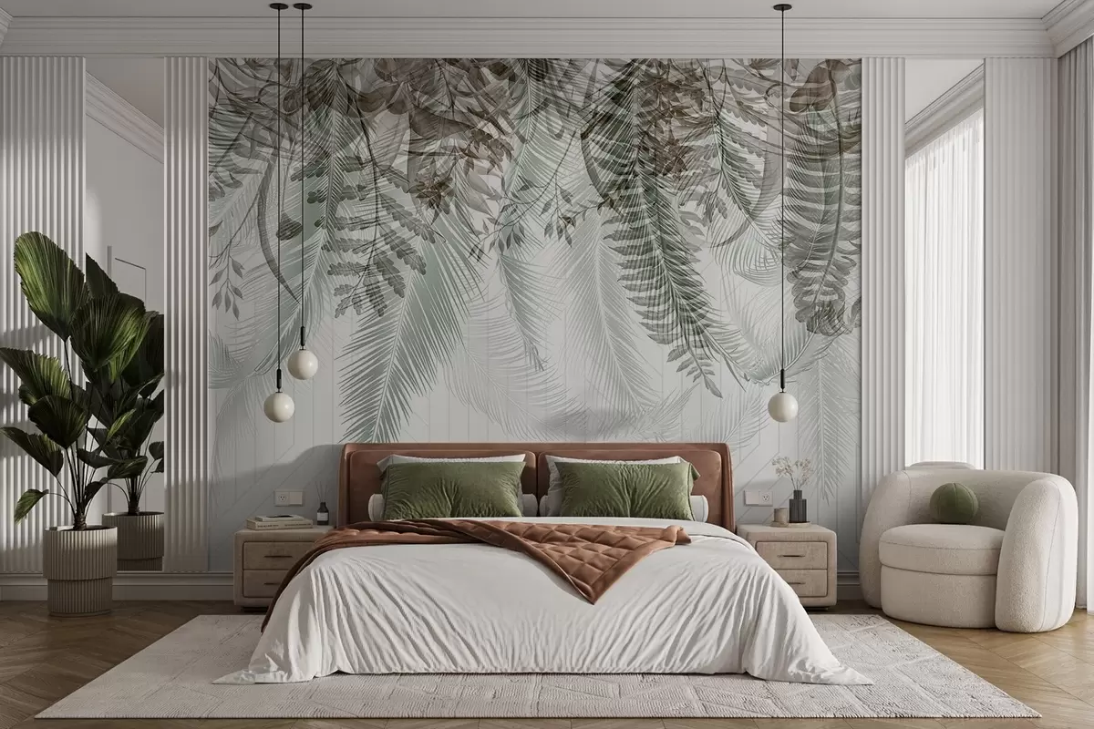 wall murals Delicate falling tropical fern and palm leaves, geometric background, soft light, muted colors, elegant w09106v1