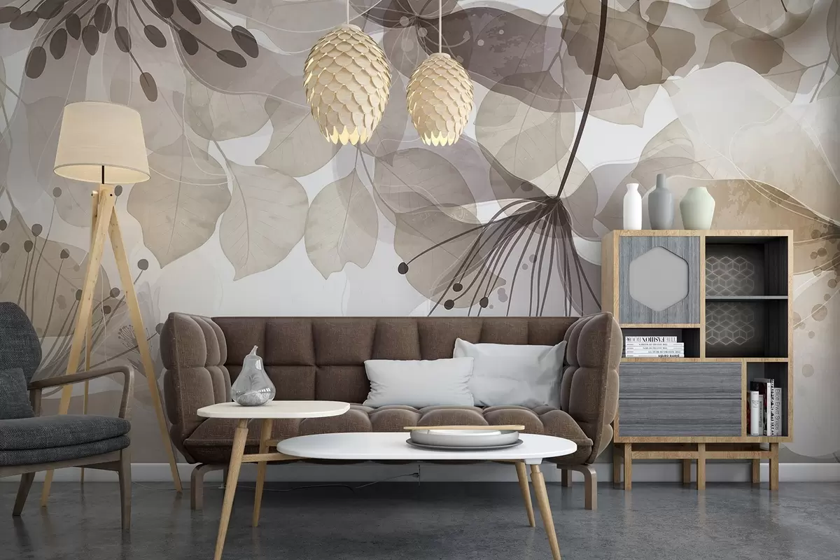 wall murals Flowers and leaves in beige colors, translucent petals and leaves, soft watercolor effect, delicate lines, white background w09107v1