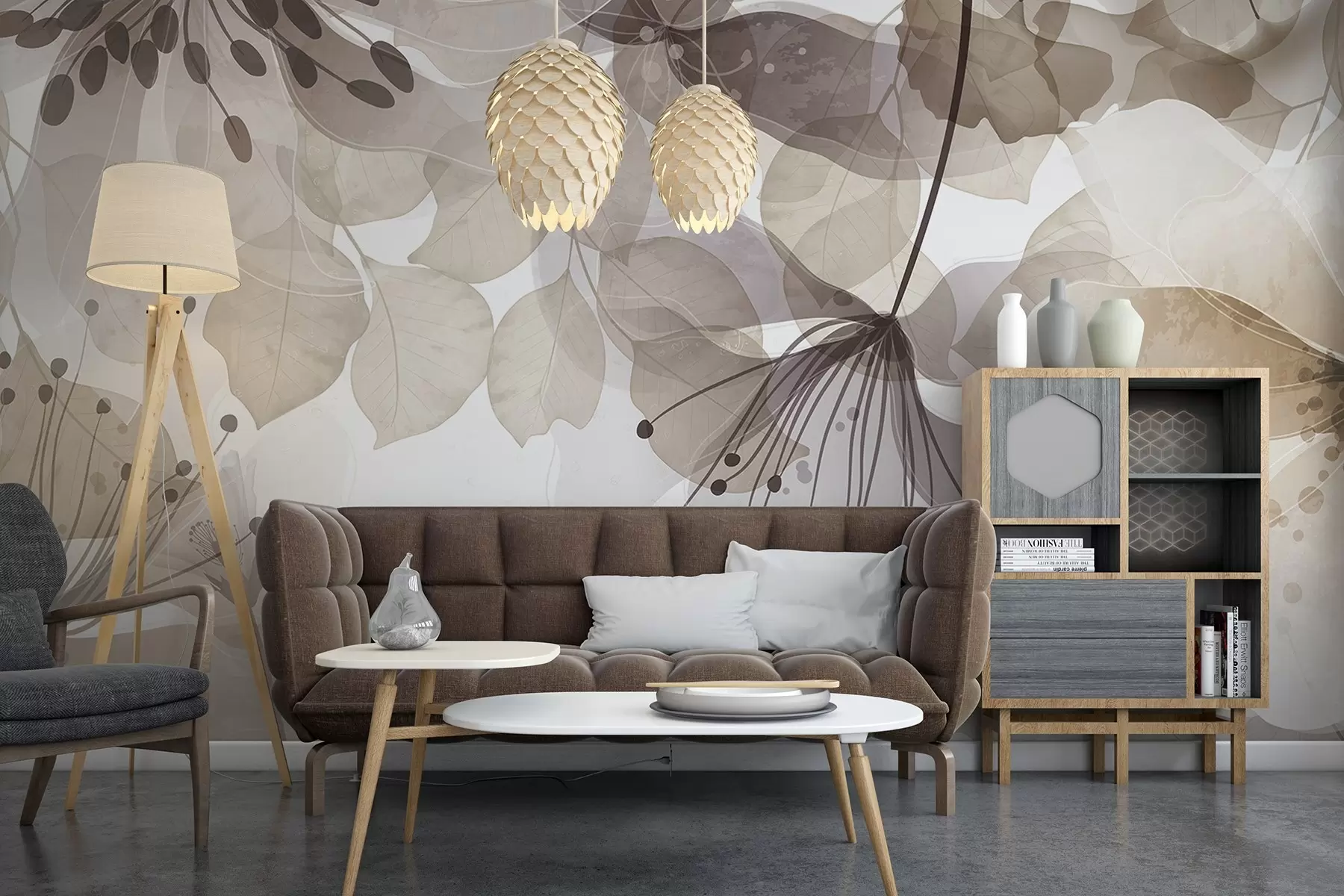 wall murals Flowers and leaves in beige colors, translucent petals and leaves, soft watercolor effect, delicate lines, white background w09107v1