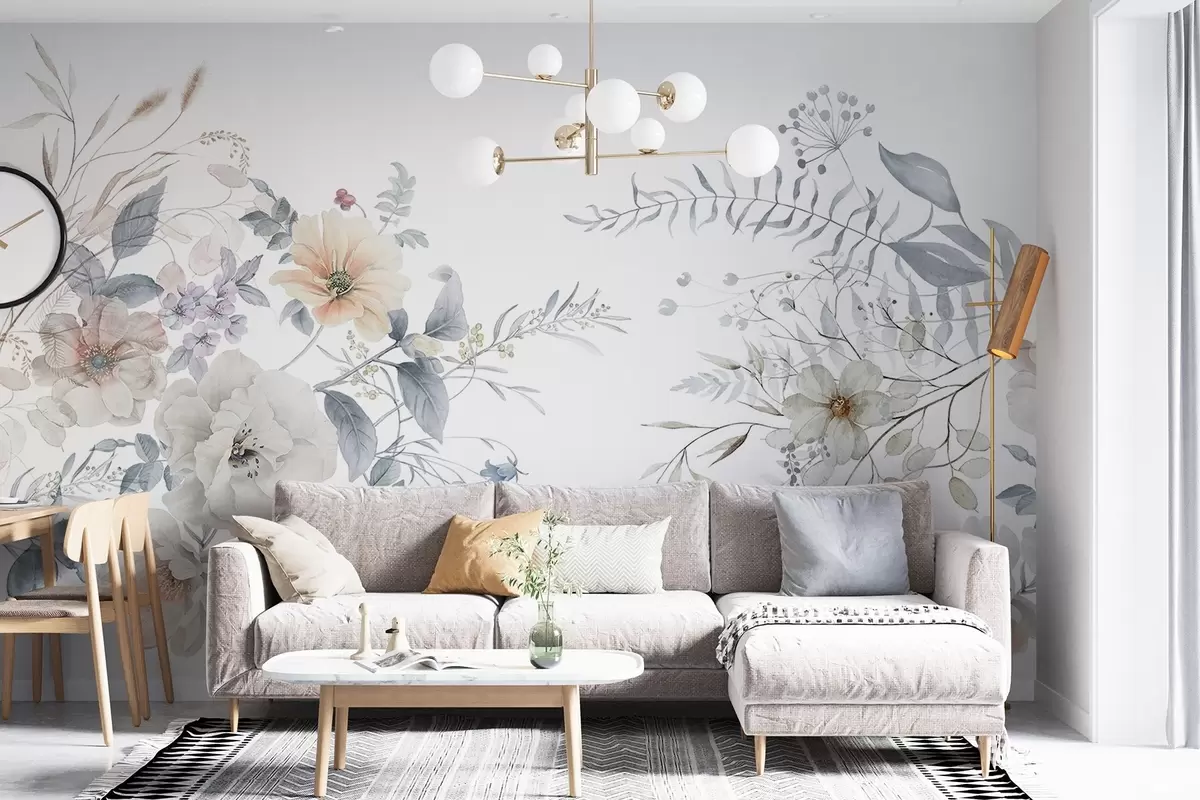 wall murals Floral arrangement in watercolor painting style  with white, peach and blue flowers, delicate greenery on a white background w09108
