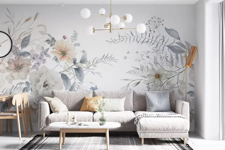 wall murals Floral arrangement in watercolor painting style  with white, peach and blue flowers, delicate greenery on a white background w09108