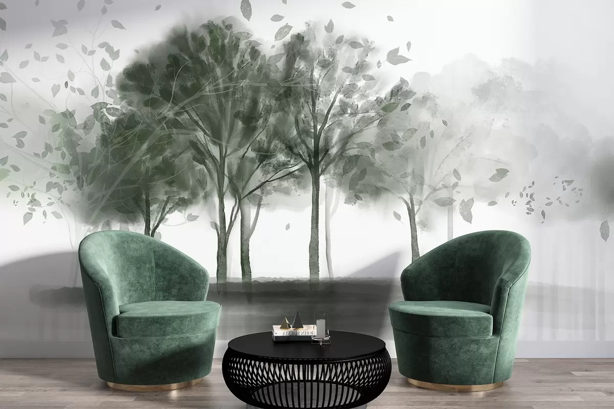 wall murals Abstract landscape with trees with green leaves reflecting in the water, in watercolor textured style w09109