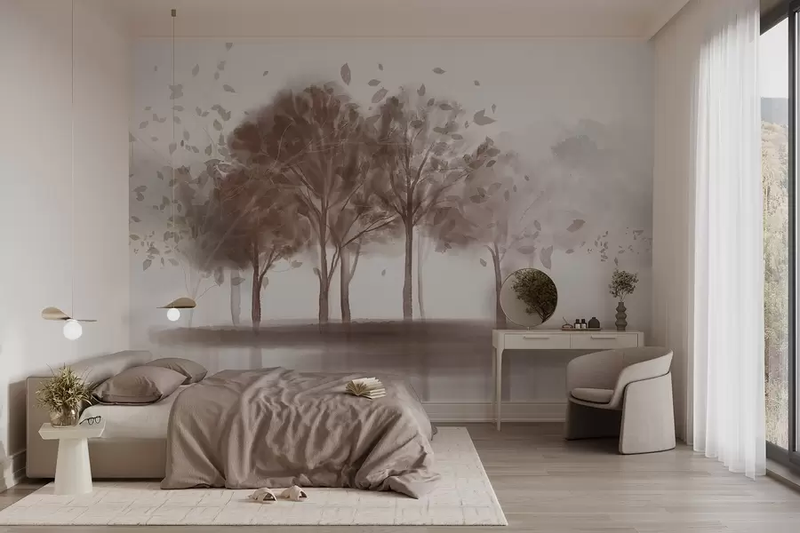 wall murals Abstract landscape with trees with brown leaves reflecting in the water, in watercolor textured style w09109v1