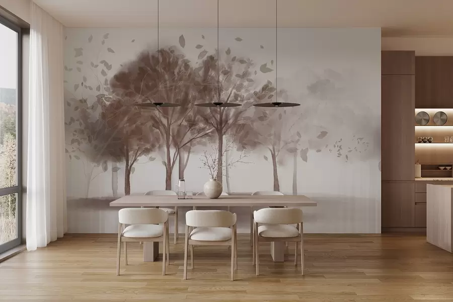 wall murals Abstract landscape with trees with brown leaves reflecting in the water, in watercolor textured style w09109v1