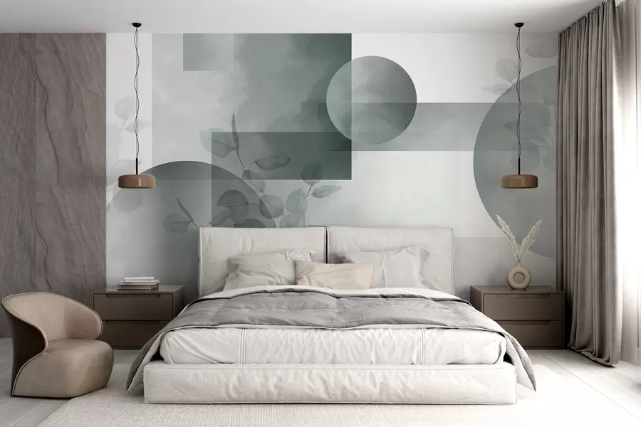 wall murals Abstract modern minimalistic geometric design with circles and rectangles, eucalyptus leaves, watercolor effect w09110