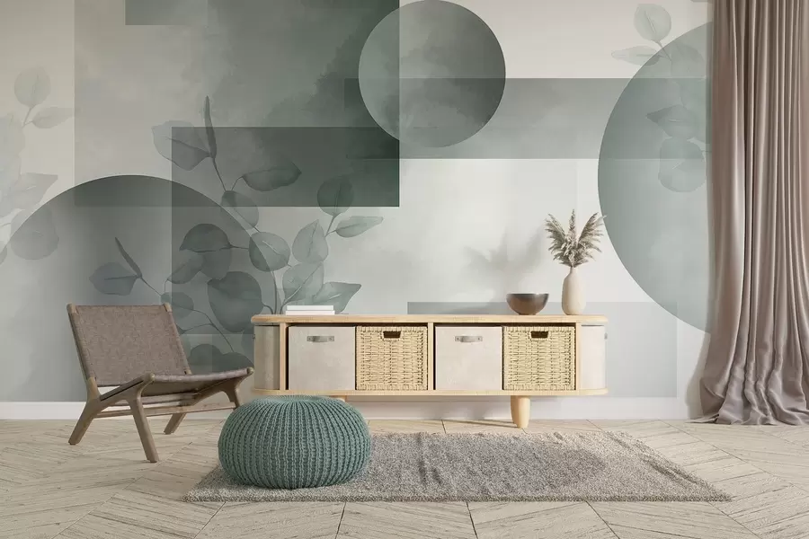 wall murals Abstract modern minimalistic geometric design with circles and rectangles, eucalyptus leaves, watercolor effect w09110