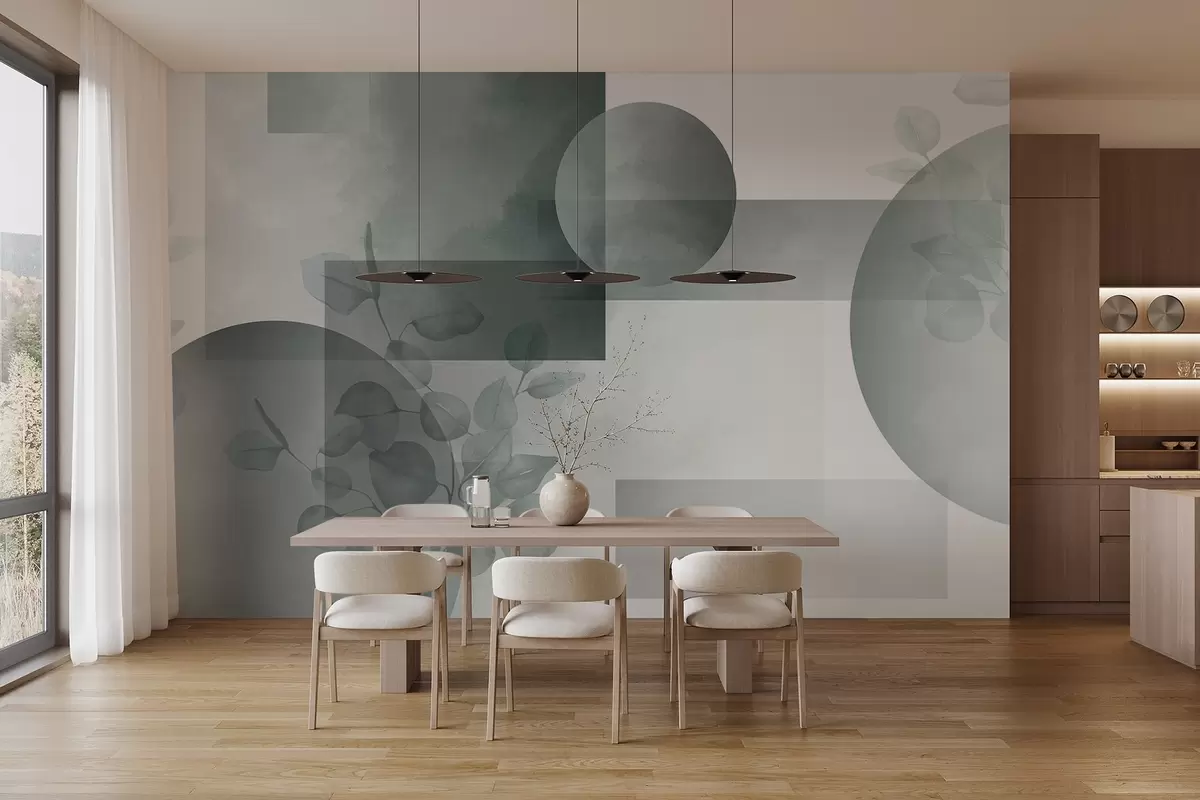 wall murals Abstract modern minimalistic geometric design with circles and rectangles, eucalyptus leaves, watercolor effect w09110