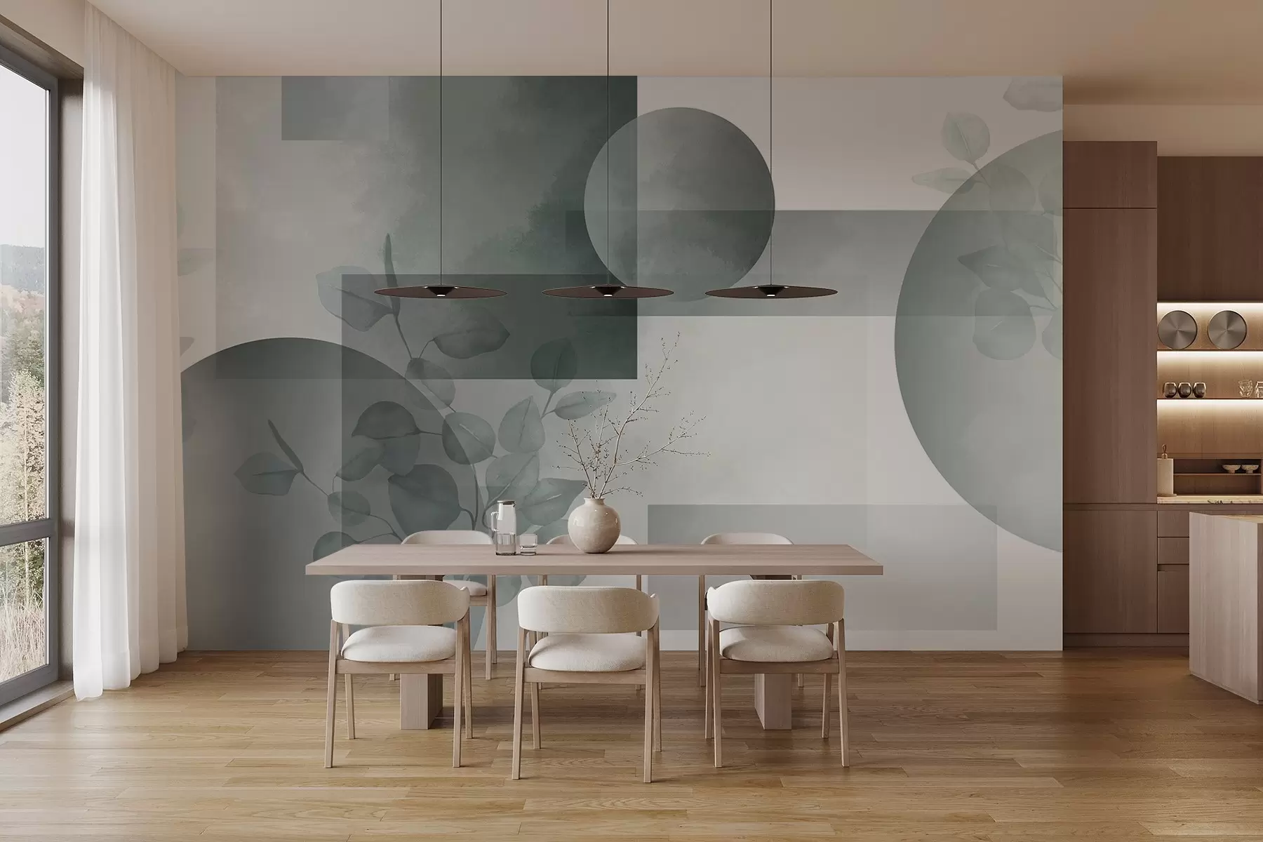 wall murals Abstract modern minimalistic geometric design with circles and rectangles, eucalyptus leaves, watercolor effect w09110