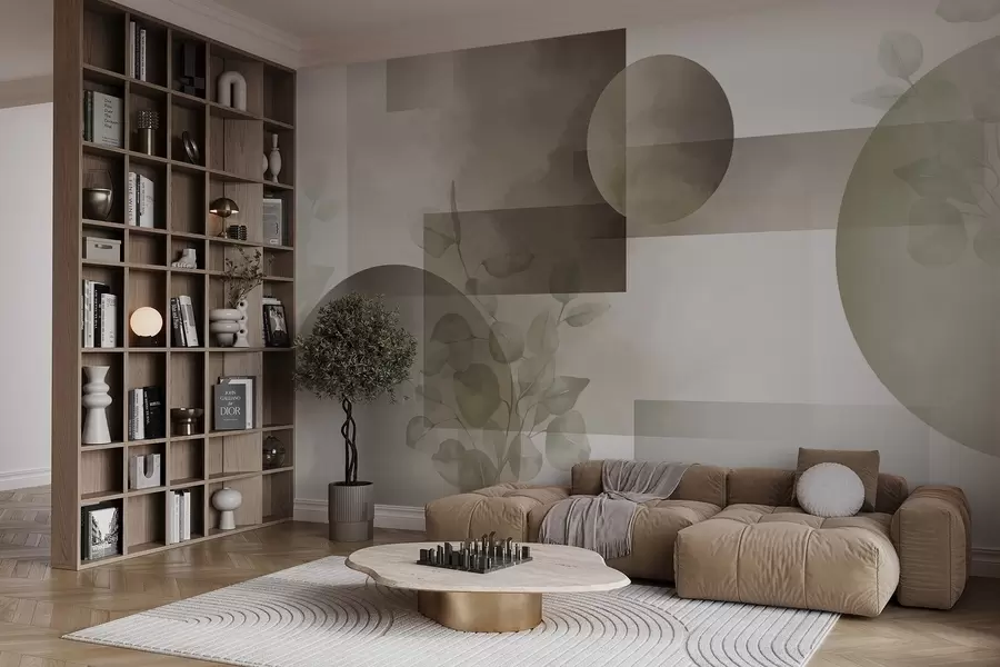 wall murals Abstract modern minimalistic geometric design with circles and rectangles, eucalyptus leaves, watercolor effect w09110v1