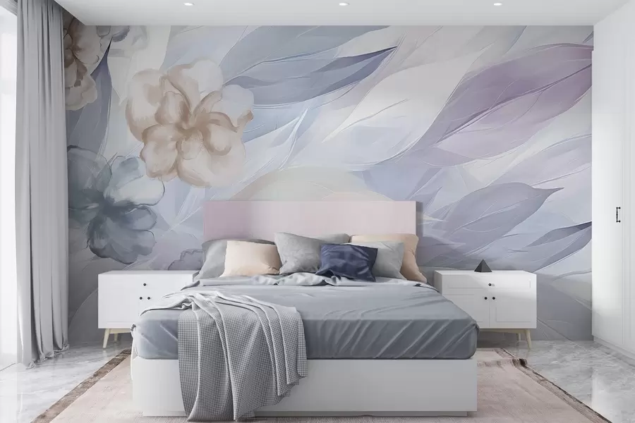 wall murals Delicate flowers and leaves in shades of white, blue, purple and beige floral background , soft colors, delicate petals w09111