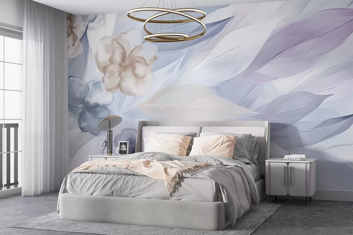 wall murals Delicate flowers and leaves in shades of white, blue, purple and beige floral background , soft colors, delicate petals w09111