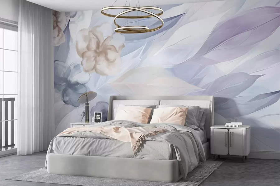 wall murals Delicate flowers and leaves in shades of white, blue, purple and beige floral background , soft colors, delicate petals w09111