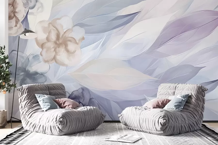 wall murals Delicate flowers and leaves in shades of white, blue, purple and beige floral background , soft colors, delicate petals w09111