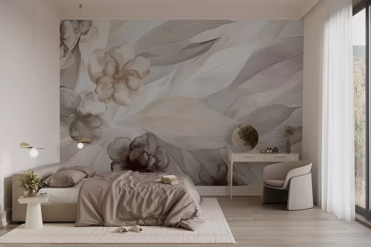 wall murals Delicate flowers and leaves in shades of white, brown, and beige floral background , soft colors, delicate petals w09111v1