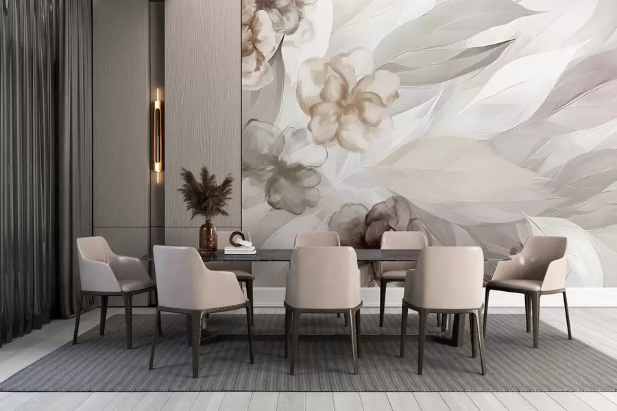 wall murals Delicate flowers and leaves in shades of white, brown, and beige floral background , soft colors, delicate petals w09111v1