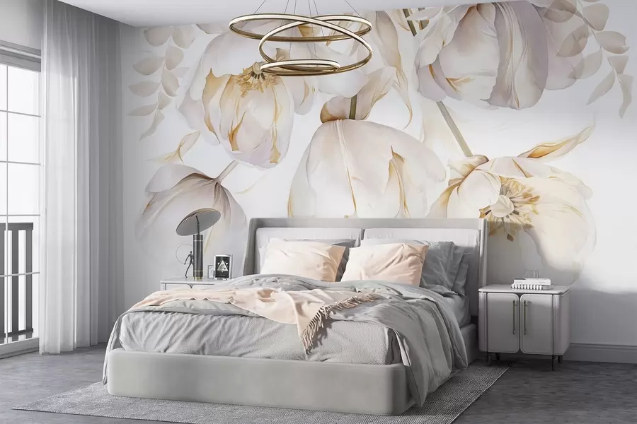 wall murals White tulips with yellow pistils, delicate petals, elegant floral arrangement, delicate composition, on a white background w09112