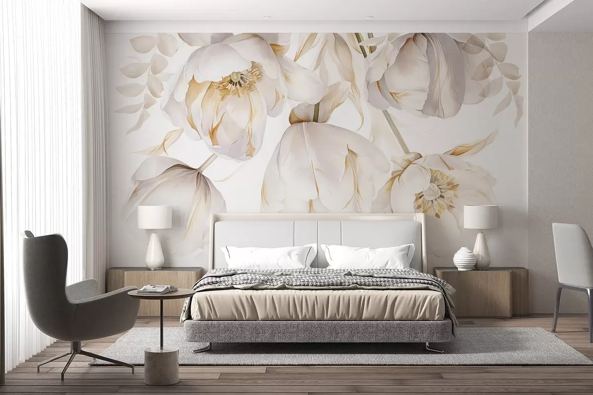 wall murals White tulips with yellow pistils, delicate petals, elegant floral arrangement, delicate composition, on a white background w09112
