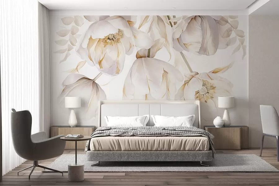 wall murals White tulips with yellow pistils, delicate petals, elegant floral arrangement, delicate composition, on a white background w09112