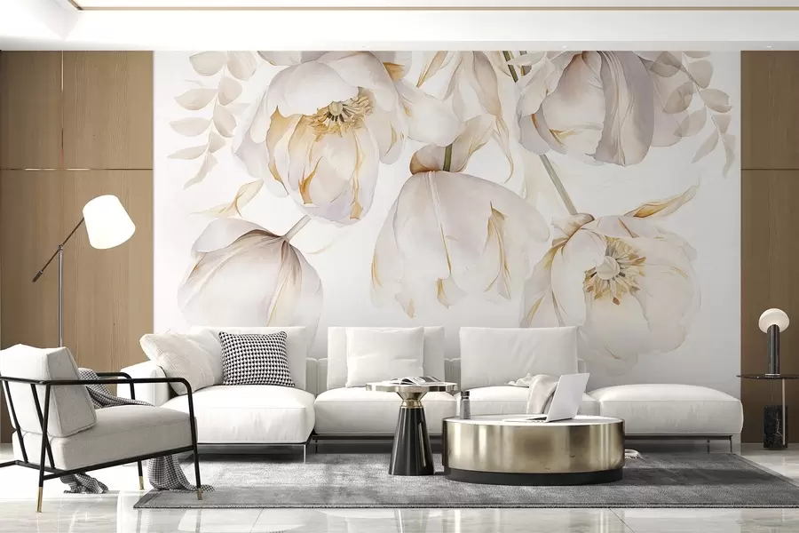 wall murals White tulips with yellow pistils, delicate petals, elegant floral arrangement, delicate composition, on a white background w09112