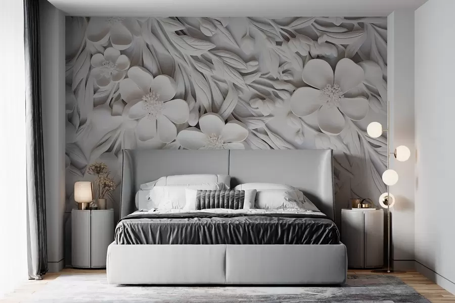 wall murals White flowers and leaves in a white background, floral elegant, decorative design, intricate details w09113