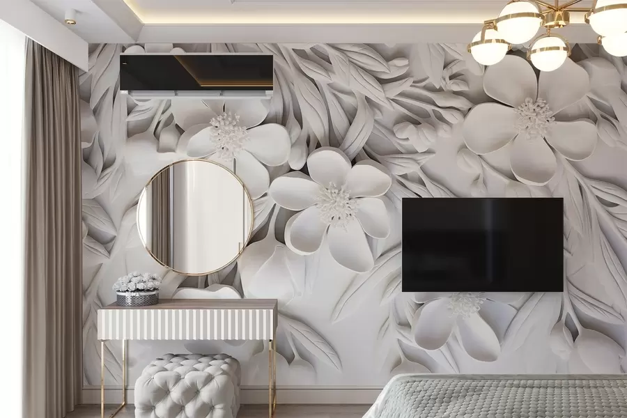 wall murals White flowers and leaves in a white background, floral elegant, decorative design, intricate details w09113