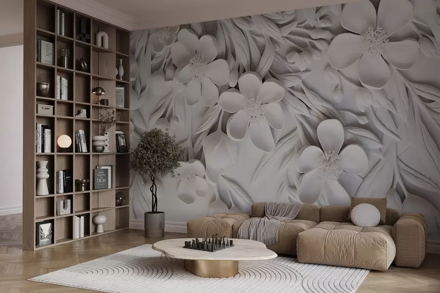 wall murals White flowers and leaves in a white background, floral elegant, decorative design, intricate details w09113