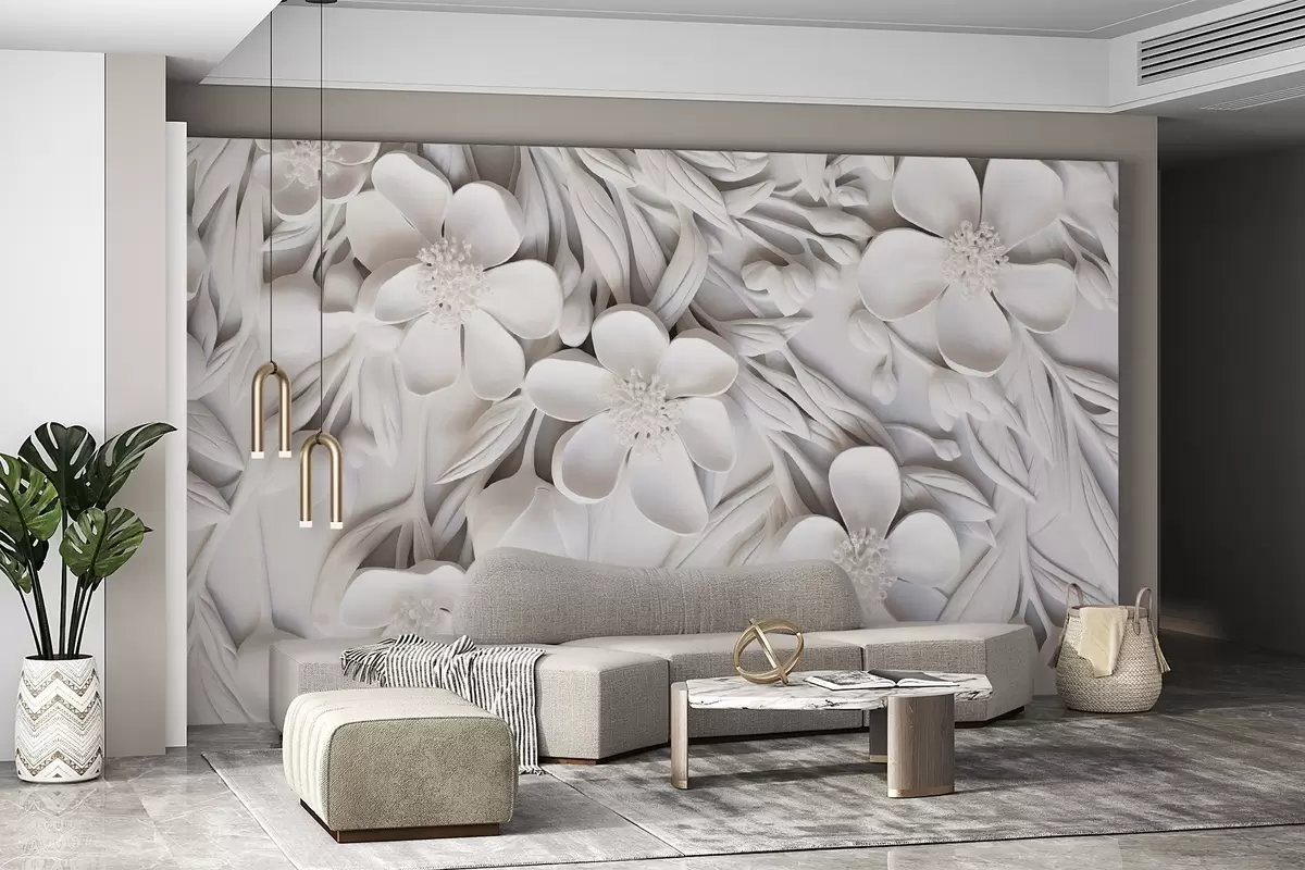 wall murals White flowers and leaves in a white background, floral elegant, decorative design, intricate details w09113