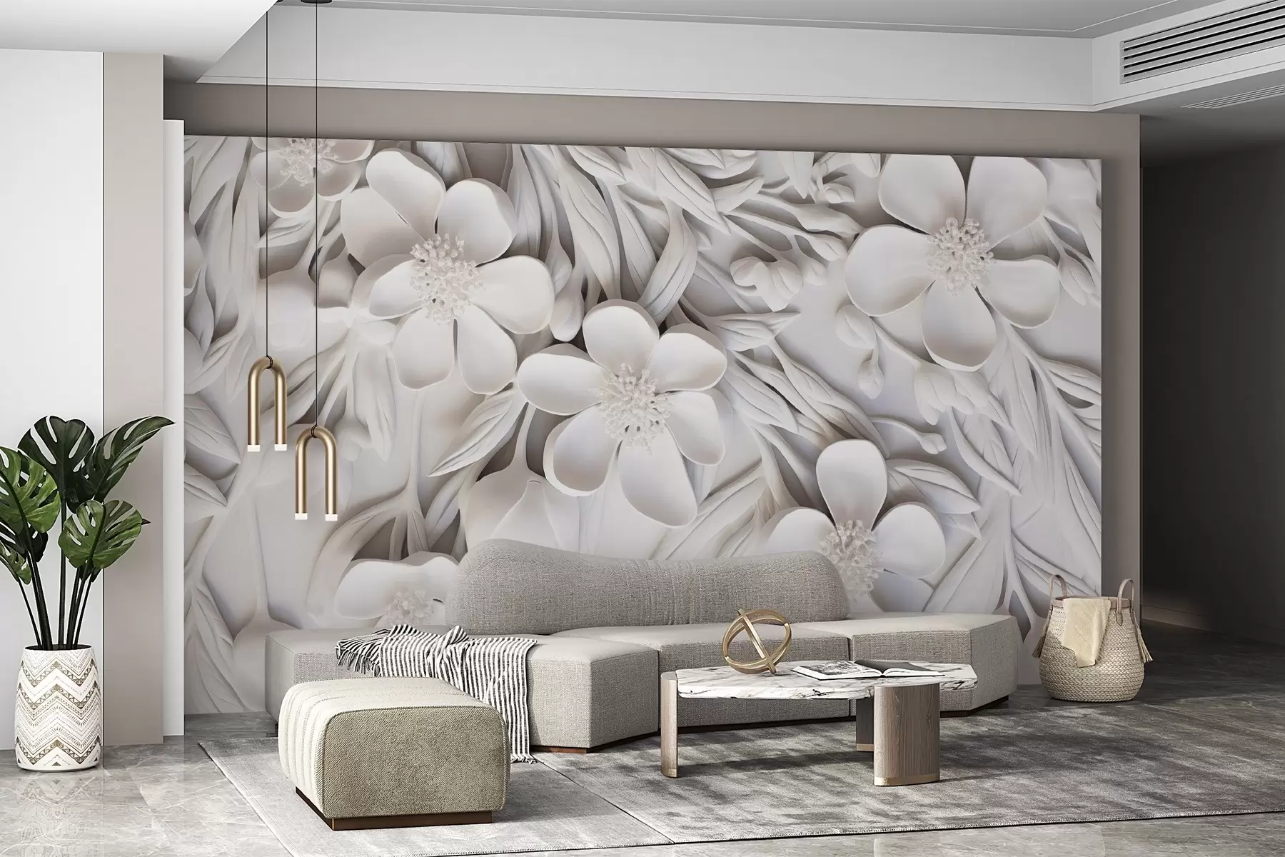 wall murals White flowers and leaves in a white background, floral elegant, decorative design, intricate details w09113
