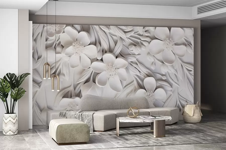 wall murals White flowers and leaves in a white background, floral elegant, decorative design, intricate details w09113