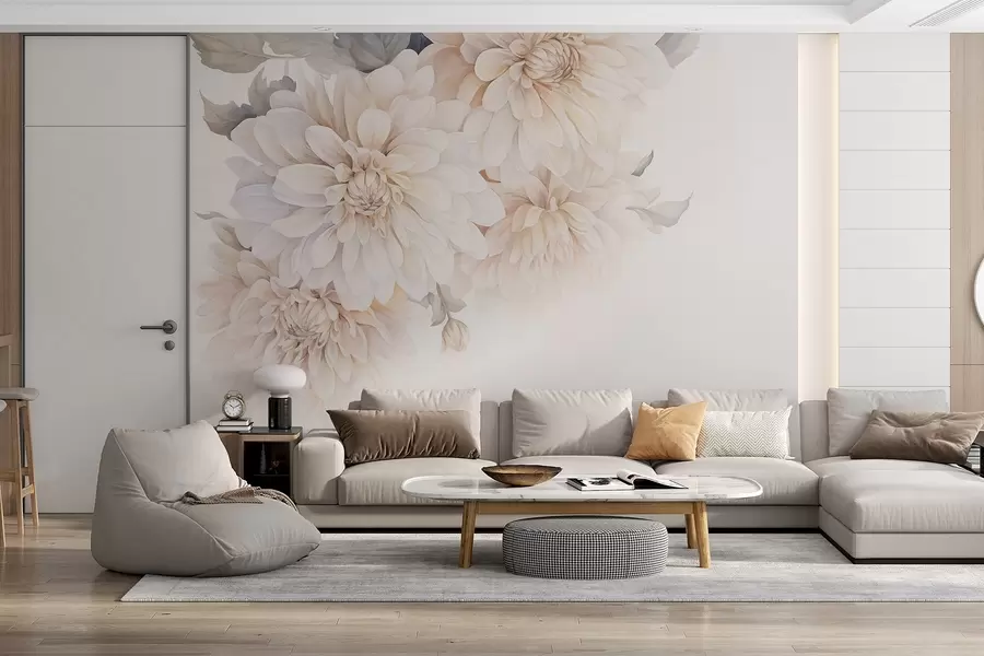 wall murals Pastel dahlias with soft, delicate peach and white light petals in watercolor style, soft background w09115