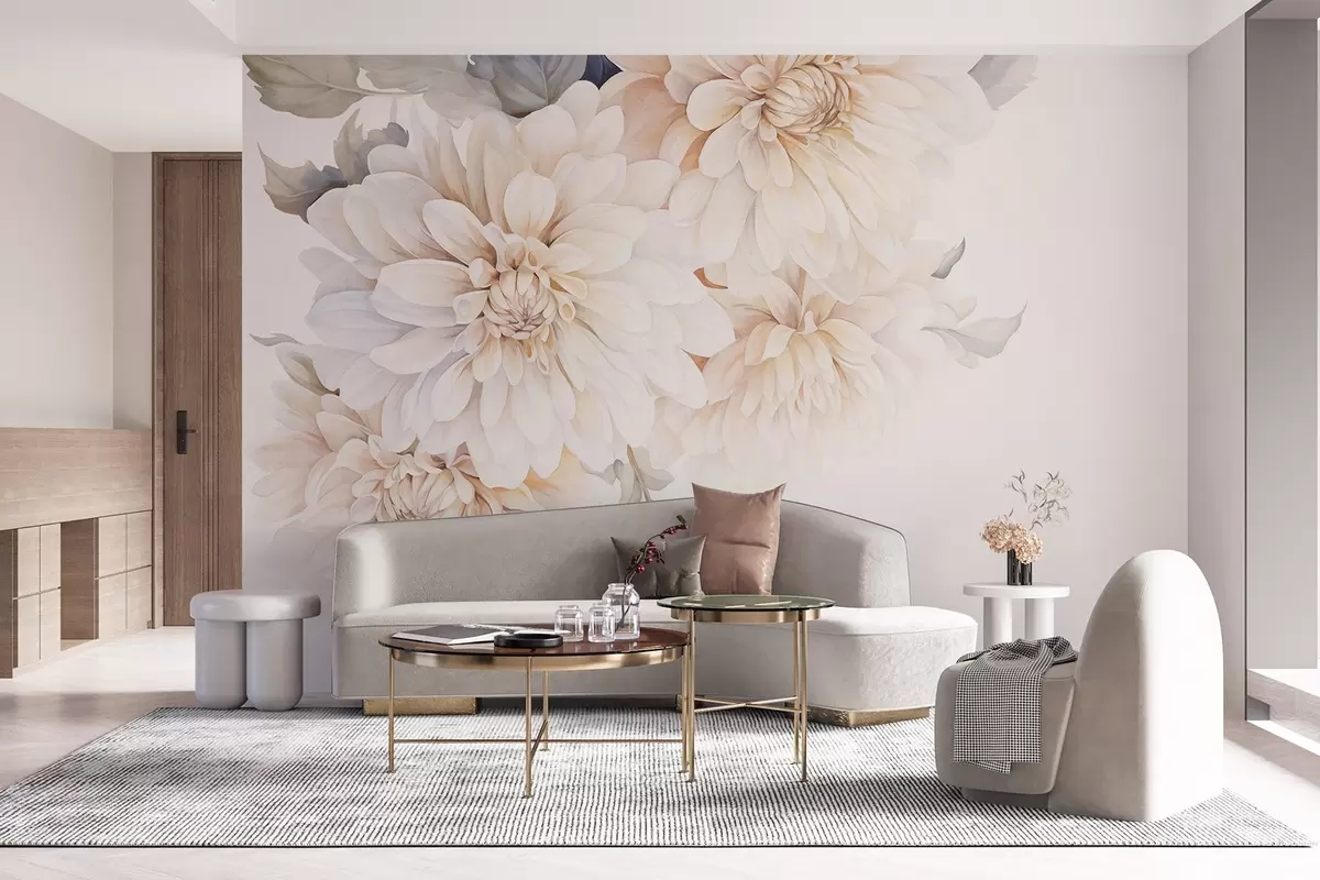 wall murals Pastel dahlias with soft, delicate peach and white light petals in watercolor style, soft background w09115