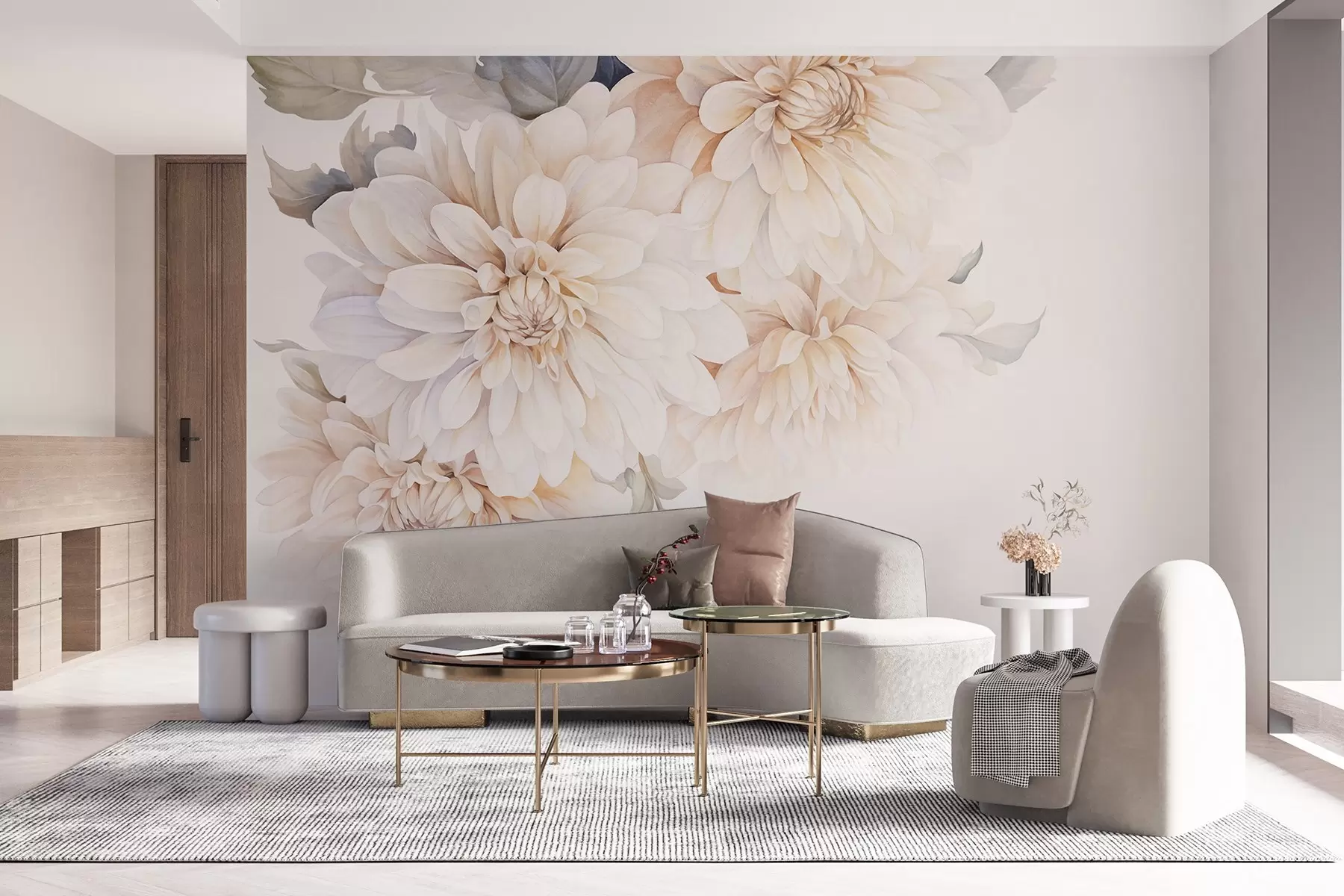 wall murals Pastel dahlias with soft, delicate peach and white light petals in watercolor style, soft background w09115