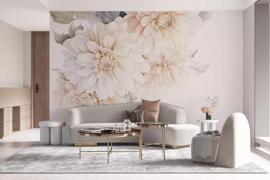 wall murals Pastel dahlias with soft, delicate peach and white light petals in watercolor style, soft background w09115