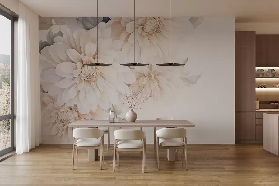 wall murals Pastel dahlias with soft, delicate peach and white light petals in watercolor style, soft background w09115