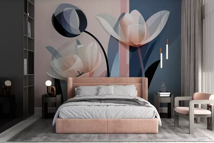 wall murals Abstract modern design with tulips with transparent petals in pastel shades of pink, white, and dark blue w09116
