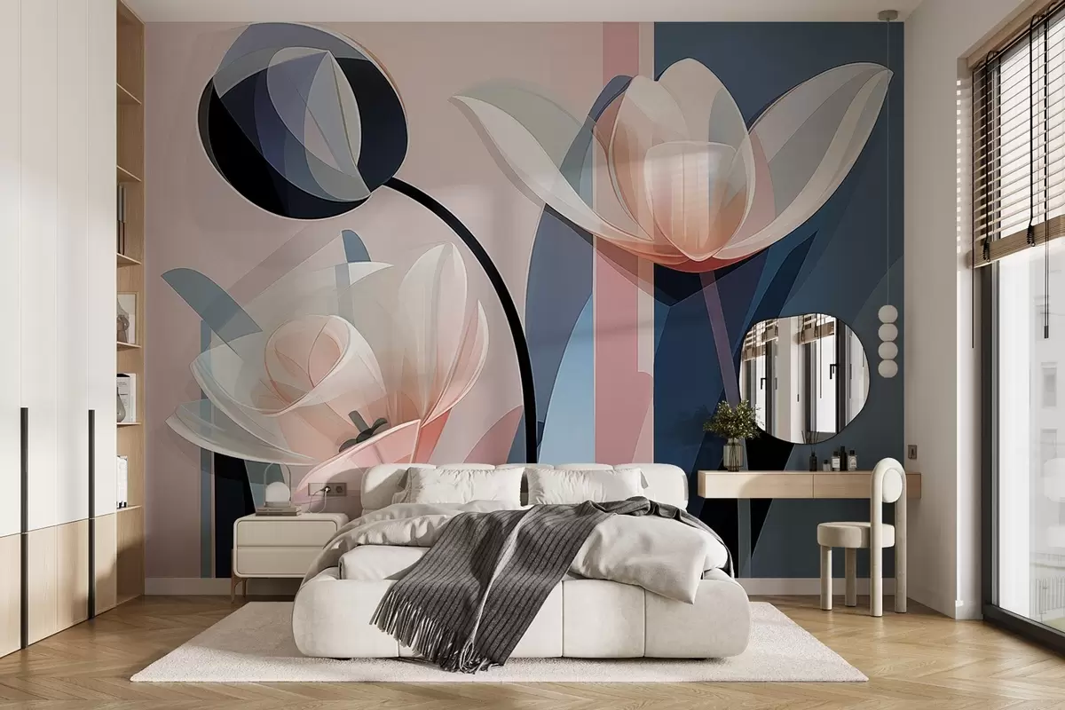 wall murals Abstract modern design with tulips with transparent petals in pastel shades of pink, white, and dark blue w09116