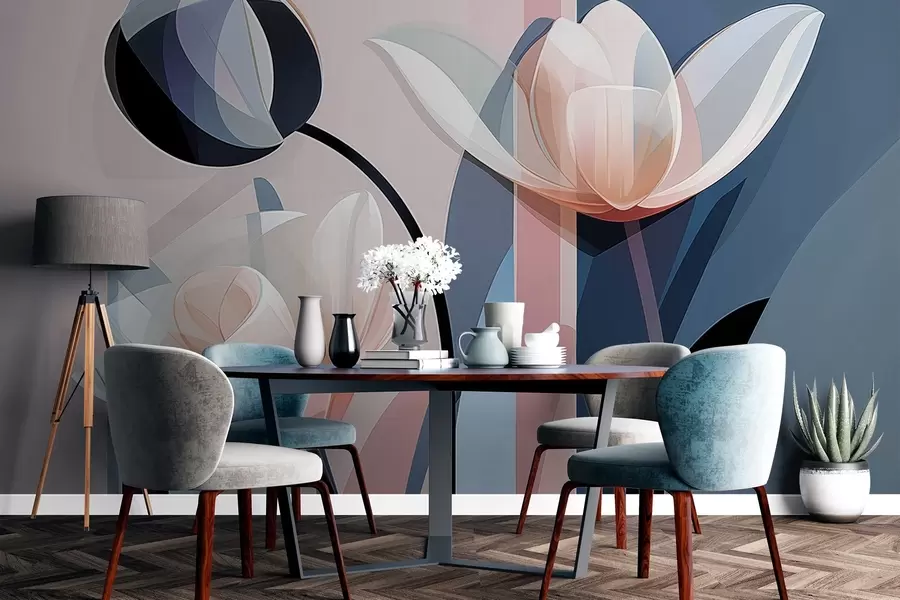 wall murals Abstract modern design with tulips with transparent petals in pastel shades of pink, white, and dark blue w09116