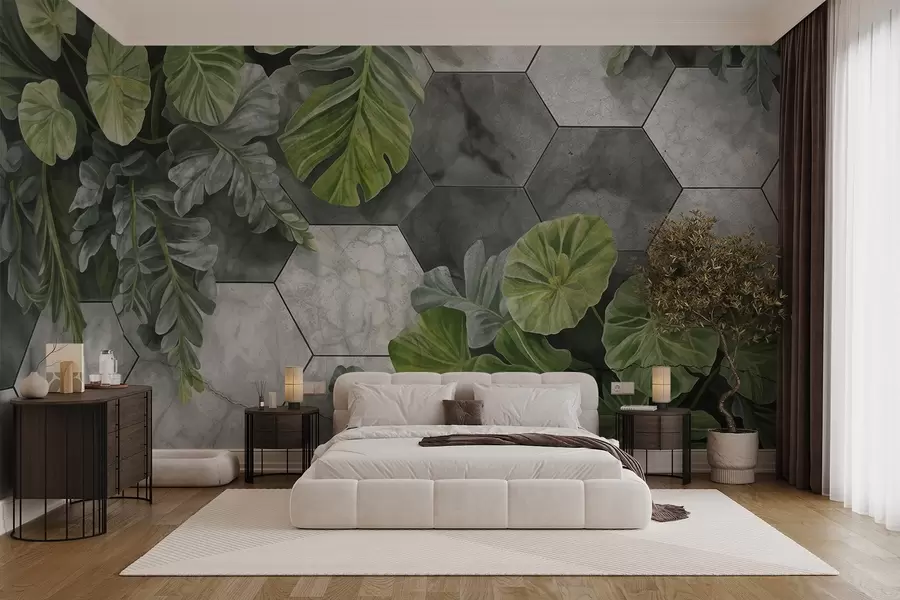 wall murals Green tropical leaves and plants on a background of gray and white textured tiles, lush foliage modern design  w09117