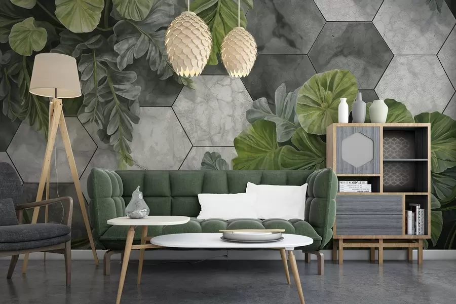 wall murals Green tropical leaves and plants on a background of gray and white textured tiles, lush foliage modern design  w09117