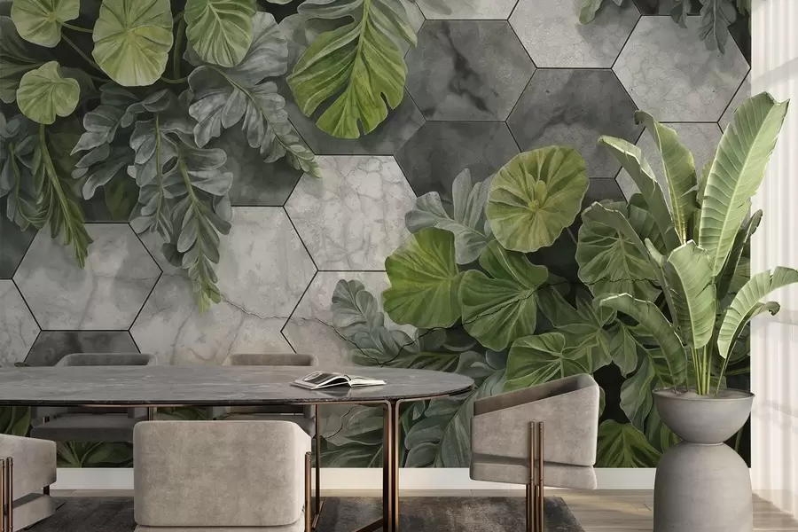 wall murals Green tropical leaves and plants on a background of gray and white textured tiles, lush foliage modern design  w09117