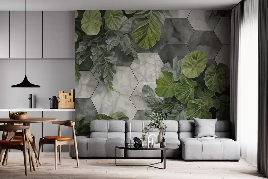 wall murals Green tropical leaves and plants on a background of gray and white textured tiles, lush foliage modern design  w09117