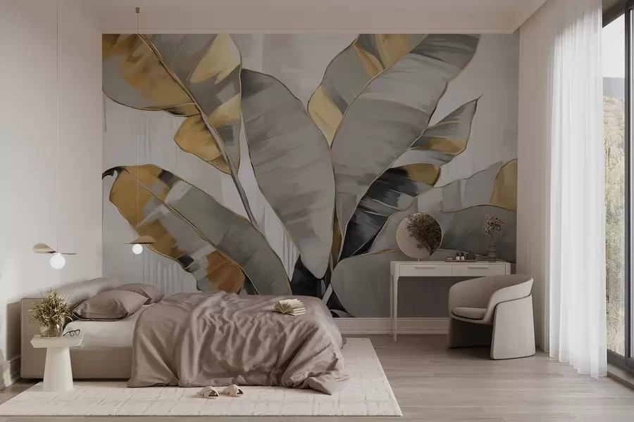 wall murals Banana tropical textured leaves with gray and yellow tones, modern style, neutral background, decorative painting w09118